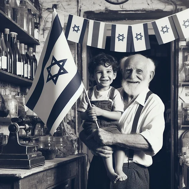 Man holding a child with a flag
